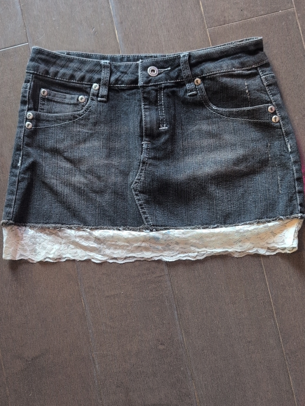 Denim Mini Skirt with White Lace Hem